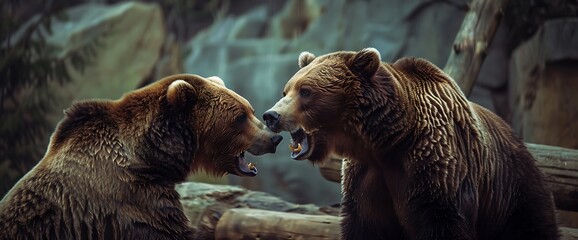 Wall Mural - two brown bears growl at each other in a close-up.