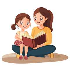 Flat cartoon illustration of mother with daughter reading a book on a white background