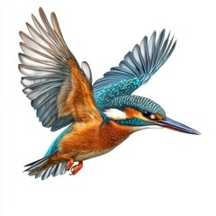 An isolated Kingfisher flying in a transparent background on a white background