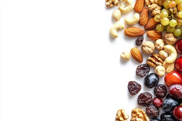 Fruits, almonds, and cashews arranged on a frame shape and isolated on transparent background