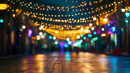 A city street illuminated with Diwali string lights, with the bokeh effect creating a magical and festive atmosphere