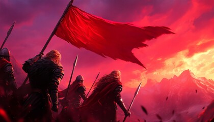 A dynamic scene of warriors marching under a vibrant sunset, showcasing strength, determination, and epic fantasy elements.