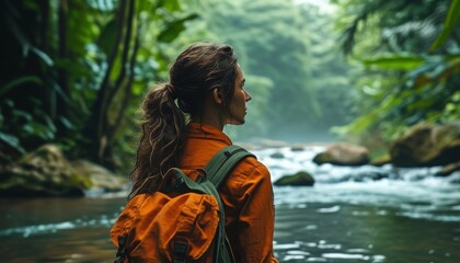 Wall Mural - A woman overlooking a river view, with a leather bag on her back