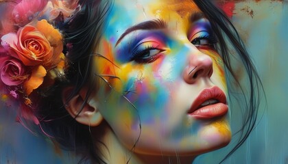 Wall Mural - Photo illustration of a woman's face painted in colorful colors, with a serious facial pose