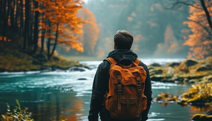 Wall Mural - Photo of a man facing the river with a bag behind him