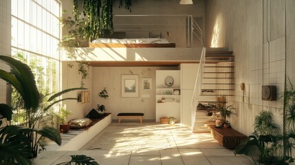 A bright and airy loft apartment with a mezzanine bedroom, large windows, and an abundance of plants.