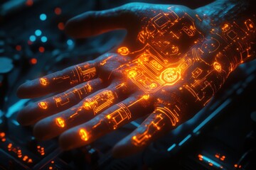 Poster - Futuristic nanotechnology integrated into human skin, showcasing advanced enhancements, seamless functionality, intricate designs, and a blend of biology with cutting-edge innovation