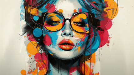 Wall Mural - contemporary pop art portrait of young woman in sun glasses in modern bright colors paint. abstract 