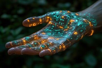 Poster - Futuristic nanotechnology, advanced micro-devices integrated within human skin, enhancing bodily functions, monitoring health, revolutionizing personal technology and medical care.