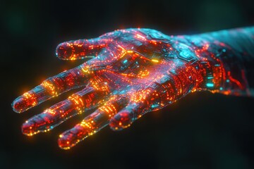 Poster - Futuristic nanotechnology integration, advanced devices seamlessly embedded within human skin, enhancing capabilities and redefining the boundaries of human potential and interaction