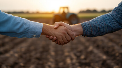 A close-up of two people shaking hands in what looks like a rice field, with a tractor blurred in the background. This image suggests a business deal or partnership in the agricultural sector.