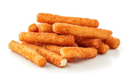 Wall Mural - Pile of tasty fried mozzarella sticks isolated on white, top view