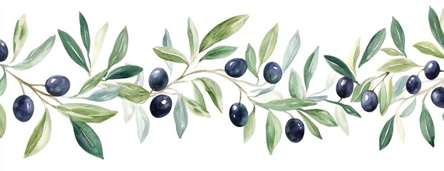 Wall Mural - A watercolor painting of a vine with green leaves and blue berries