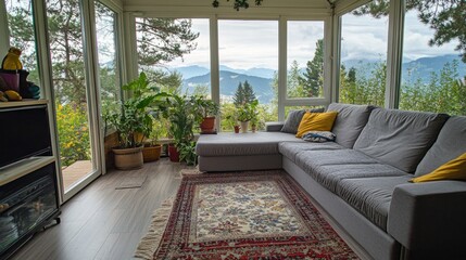 A comfortable grey sectional sofa sits in a sunroom with a view of a mountain range, trees, and a patio with a wooden floor.