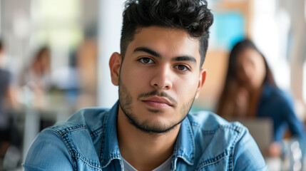 Wall Mural - Close-up portrait of a young Hispanic man in a denim shirt