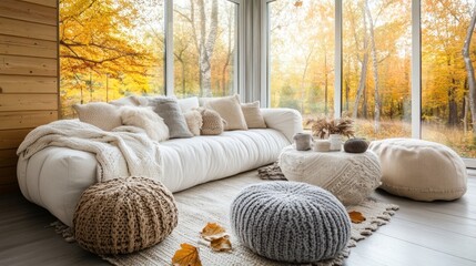 Poster - Cozy living room with a white couch and autumn scenery outside the window.