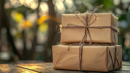 Two gift boxes in rustic brown paper with twine on a wooden table in a natural forest setting