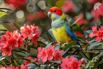 Wall Mural - Colorful Parrot Among Vibrant Red Flowers - Nature Wildlife Photography for Posters and Prints