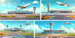 © ONYXprj - Soaring aircraft airport terminal cartoon vector concepts. Control tower runway structure landing departing passenger plane transportation routes scenes