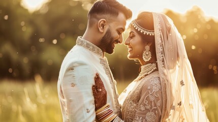 a joyful indian couple shares a tender moment in traditional wedding attire surrounded by nature at 