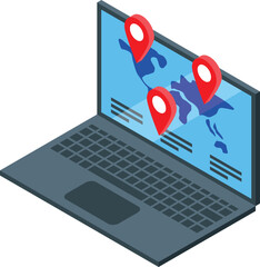 Poster - Laptop displaying a world map with location pins, representing travel planning and navigation