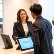 © Aaron - A receptionist greeting a visitor, with a guest sign-in tablet on the desk