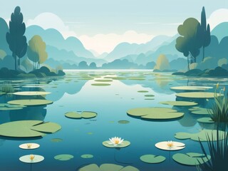 Wall Mural - Serene Landscape of a Tranquil Lake with Water Lilies and Lush Greenery in the Background