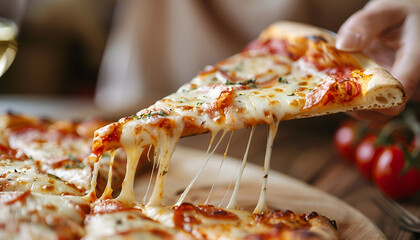 Wall Mural - Taking piece of tasty pizza at wooden table, closeup