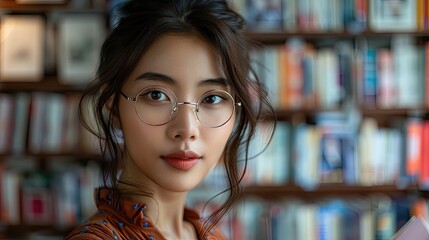 Wall Mural - A woman with glasses is standing in front of a bookshelf