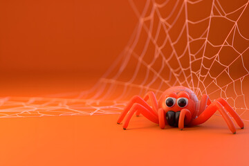 Wall Mural - Halloween spider on orange background in cartoon 3d style.