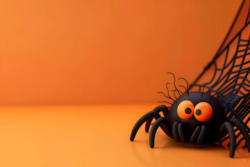 Wall Mural - Halloween spider on orange background in cartoon 3d style.