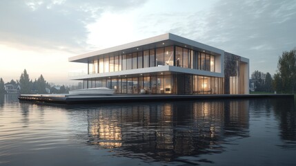 A modern house on a lake with a boat in front.