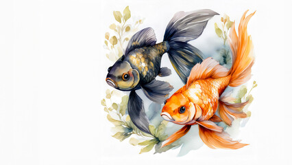 watercolor painting of two goldfish swimming together on white background,