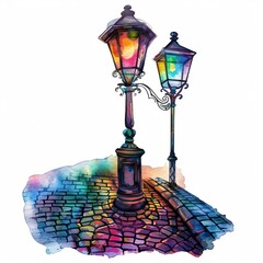 Wall Mural - Watercolor painting of a traditional street lamp infused with neon lights, casting a colorful glow, on isolated white background