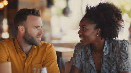 Young caucasian man talking with African American black woman at a cafe restaurant sitting at the table Multiethnic friendship Eating drinking together Date meeting Smiling people Couple in love