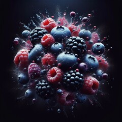 berry explosion of flying blackberries, raspberries and blueberries