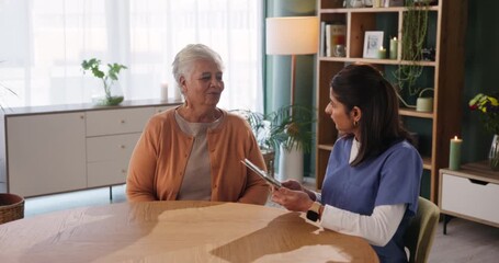 Sticker - Senior woman, patient and caregiver with tablet in elderly care, support or discussion at old age home. Female person or medical nurse listening and talking to client for health tips, advice or help