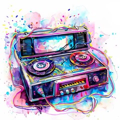 Wall Mural - Watercolor painting of a vintage cassette player infused with neon lights, with colorful hues emanating, on isolated white background