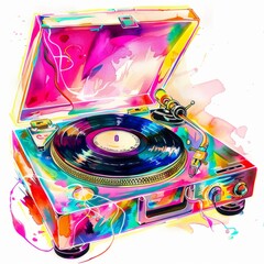 Wall Mural - Watercolor painting of a vintage record player infused with neon lights, with colorful hues emanating, on isolated white background