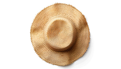 Stylish straw hat isolated on white, top view