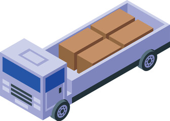Poster - Delivery truck carrying cardboard boxes on its open bed, logistics and shipping concept in isometric view