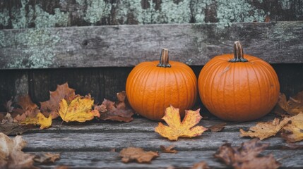 Poster - Two pumpkins resting on a wooden surface with fallen leaves scattered around.