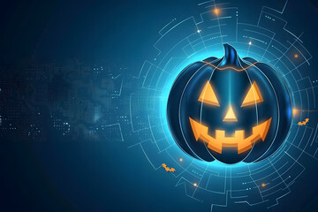 Wall Mural - Halloween pumpkin with futuristic technology on blue glowing neon background.