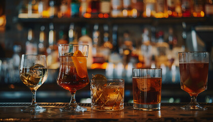 Wall Mural - Assortment of hard strong alcoholic drinks and spirits in glasses on bar counter