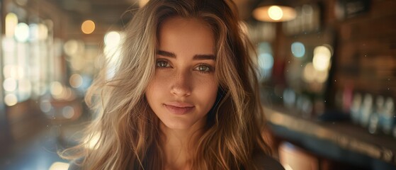 Wall Mural - Young woman with long, shiny hair in an interior with lights.