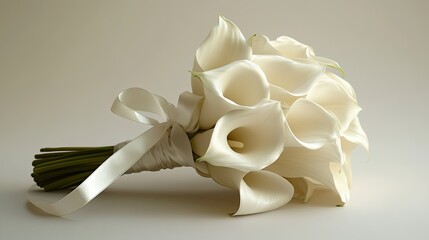 Poster - Conceptual shot of a wedding bouquet wrapped elegantly in satin ribbon, against a plain background emphasizing its beauty.