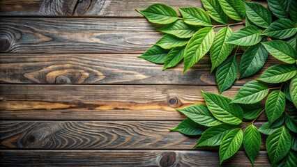 Wall Mural - Green leaves resting on a rustic wooden background, foliage, organic, nature, eco-friendly, vibrant, fresh, natural, environment