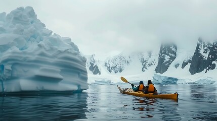 Wall Mural - Two people kayaking in a frozen landscape with a large iceberg.