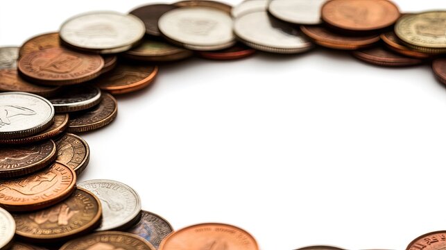 Minimalist shot of coins in a circular pattern, with a plain backdrop offering space for text or graphic additions.