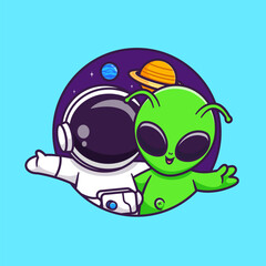 Wall Mural - cute astronaut with cute alien waving hand in space together cartoon vector icon illustration scienc